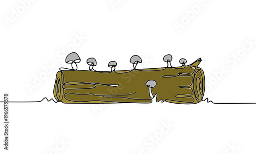 Continuous line drawing of wild mushrooms growing on a fallen wooden log, minimalist one line art illustration of forest fungi and nature, perfect for botanical and eco-friendly design concepts