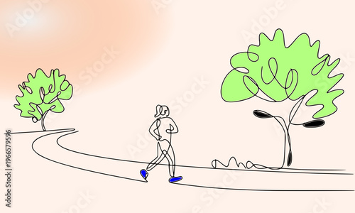  Colorful illustration of a person jogging along a scenic park path surrounded by green trees, a minimalist drawing of an outdoor runner enjoying a healthy lifestyle and morning exercise routine