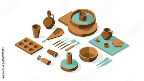 Pottery tools and equipment for ceramics and pottery making isolated on white background, vector illustration for crafting, studio art, handmade pottery, and creative workshop design projects.