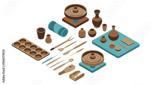 Ceramic pottery tools illustration pack, includes equipment for pottery making isolated on white background for craft, studio art, handmade ceramics, and workshop design projects.