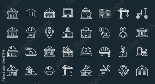 Set of various building icons on dark background for design projects