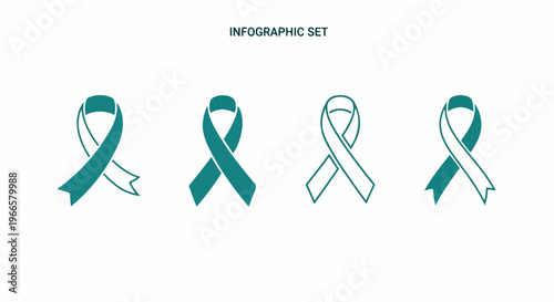 Set of 4 Teal Ribbon Awareness Vector Icons Infographic