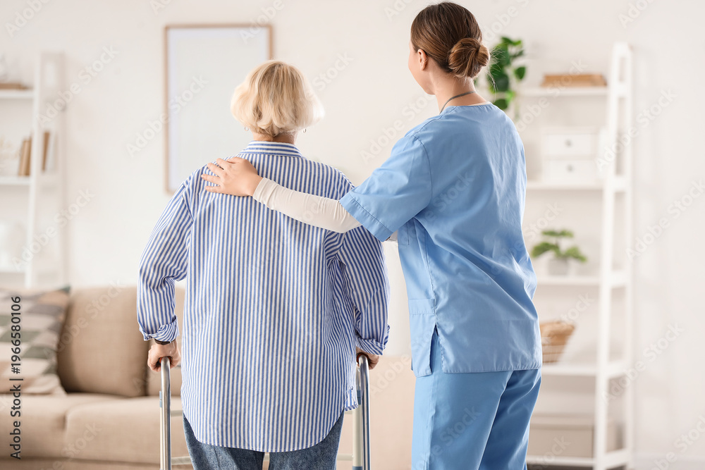 Fototapeta premium Nurse and senior woman with walker at home