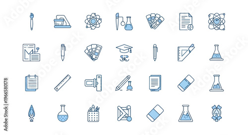 Set of various line art icons related to education science and design