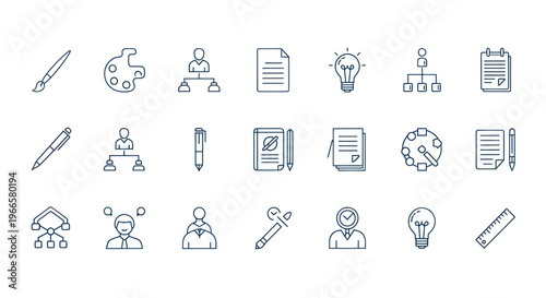 Set of various line art icons representing creativity and planning