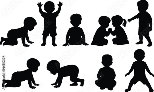 Assortment of Black Silhouettes of Babies and Toddlers in Playful and Interactive Poses on a White Background Keywords: babies, toddlers, children, silhouettes, crawling, sitting, standing