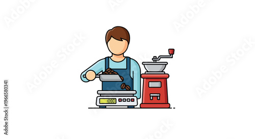 Illustration of a man grinding coffee beans with a manual grinder and scale on a table.