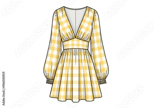 Yellow Gingham Plaid Fashion Flat Sketch Mini Dress with Bishop Sleeves and V-Neckline CAD
