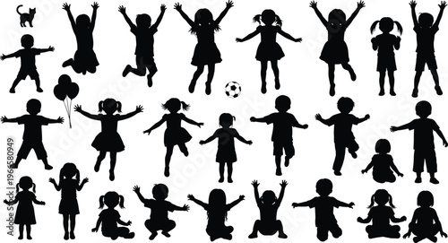 Comprehensive collection of children silhouettes, a cat, balloons, and a soccer ball Keywords: children, kids, silhouettes, boys, girls, standing, jumping, running, playing, happy, active