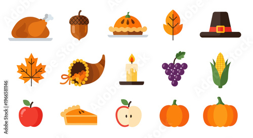 Thanksgiving icons collection of colorful food and seasonal symbols