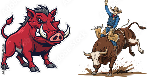 Картината върху платно Aggressive Wild Boar Mascot and Cowboy Riding Bull Rodeo Illustration Set Dynami