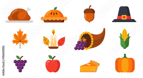 Thanksgiving icons roast turkey pie acorn pilgrim hat autumn elements