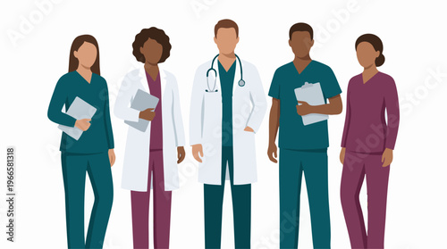 Diverse group of medical staff standing, doctors and nurses team