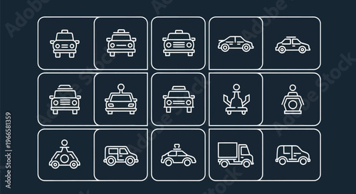 Transportation icons variety of vehicle outlines on a dark background
