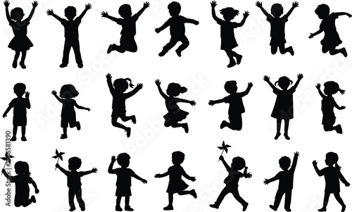 Energetic Children Silhouettes Jumping and Playing with Pinwheels on a White Background kids group