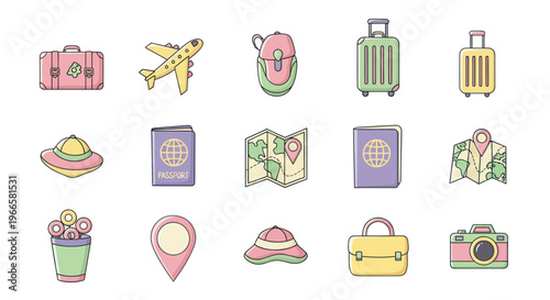 Travel icons airplane suitcase backpack map passport hat camera vector illustration