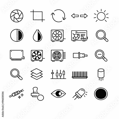 20 Photo Editing and Image Manipulation Thin Line Icons Set — Camera, Filter, Crop, Brightness, Contrast, Color Adjustment Vector Collection
