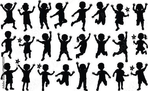 Extensive Assortment of Children Silhouettes in Joyful Poses with Pinwheels on White Background kids