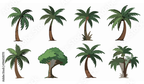 Colorful retro palm tree vector set with hand drawn tropical coconut trees in vintage miami style botanical illustration