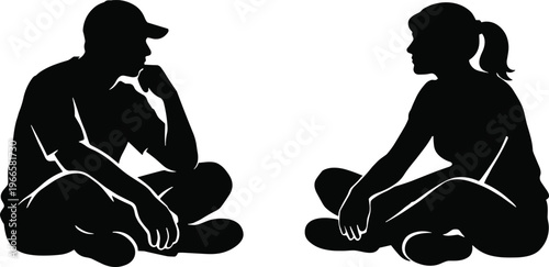 Black silhouette of man and woman sitting cross legged and talking isolated on white background communication relationship and casual conversation concept