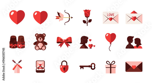 Valentines day icons hearts arrows roses and gift symbols