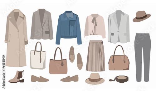 Hand drawn fashion outfit vector set with stylish clothing shoes and accessories for men and women illustration