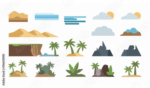 Flat beach landscape builder kit with geometric tropical elements ocean horizon palms and mountains vector set