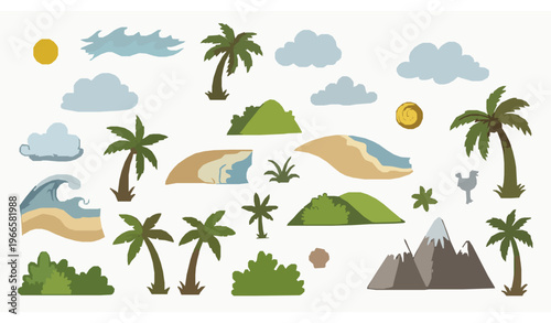 Hand drawn beach landscape constructor vector set with tropical doodle elements ocean palms and mountains