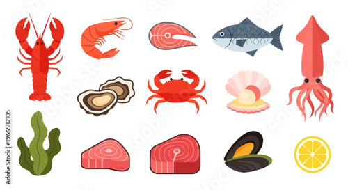 Variety of seafood icons lobster shrimp fish shellfish and more
