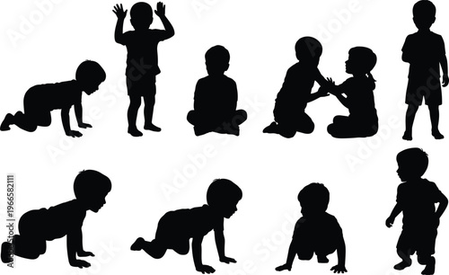 Silhouettes of Toddlers and Babies in Various Poses of Crawling Sitting and Standing on a White Background Keywords: toddlers, babies, children, silhouettes, crawling, sitting, standing