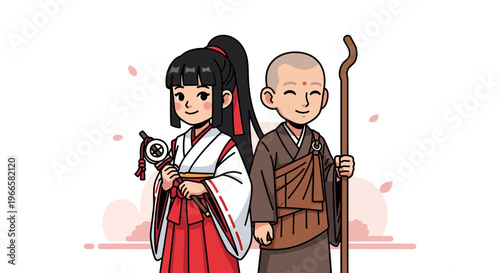 Cute Japanese Miko and Monk characters in traditional attire