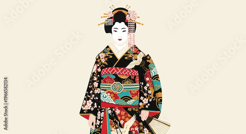 Elegant Japanese Geisha in Traditional Kimono with Fan