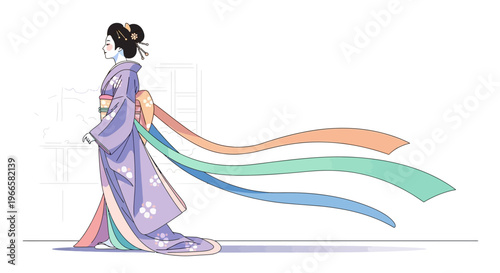 Elegant Geisha in Purple Kimono with Flowing Ribbons