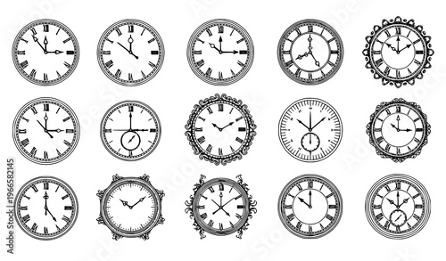 Vintage clock face vector set with ornate roman numerals antique watch dials and elegant decorative timepieces