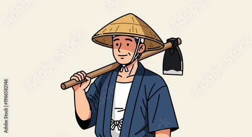 Farmer in traditional hat carrying hoe over shoulder, Japanese style illustration