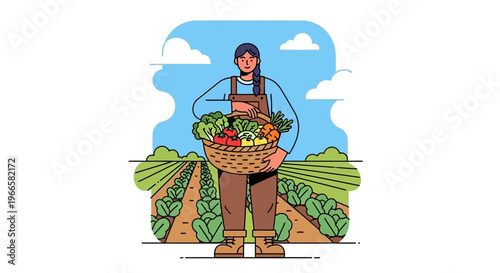 Farmer Woman Holding Basket of Fresh Vegetables in Field