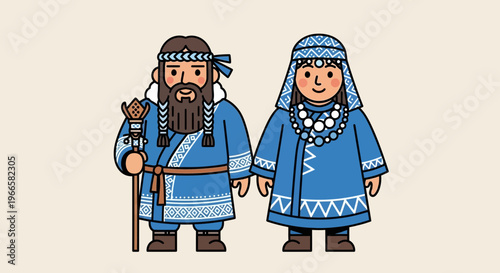 Indigenous couple in traditional blue clothing, man with staff, woman with headdress