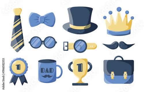 Father's Day Elements set in Men's Elegant Flat Style. Men's Icons Collection. World's Best Dad Trophy Number 1 Dad Award Super dad sash Hat Tie. Cute Fathers Day or Mans Day Objects Stickers .