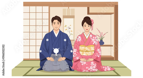 Japanese Couple in Traditional Kimono Sitting in Tatami Room