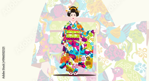Japanese Geisha in vibrant floral kimono, traditional attire, cultural icon