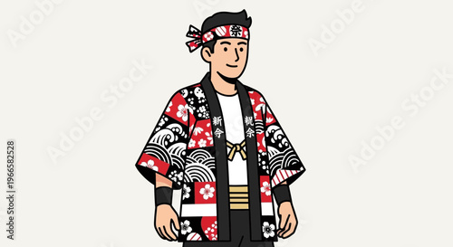Japanese Man in Traditional Festival Happi Coat and Headband, Vector Illustration