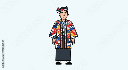 Japanese Man in Traditional Festival Kimono with Wave Pattern