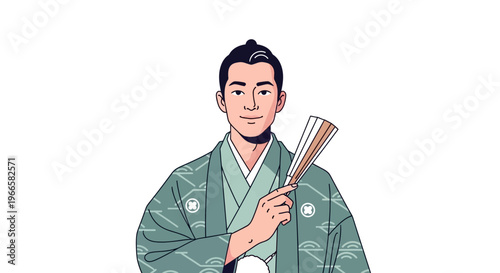 Japanese Man in Traditional Kimono Holding a Fan