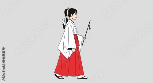 Japanese Shrine Maiden Walking with Ritual Staff