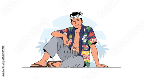Man in Hawaiian shirt and headband relaxing on a beach with palm trees