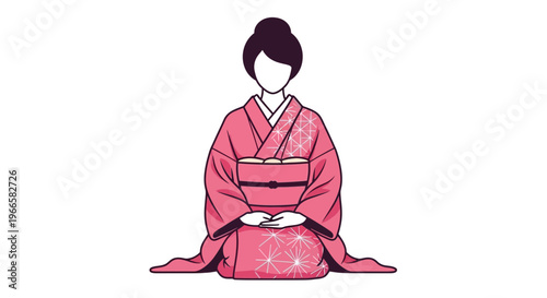 Japanese woman in pink kimono kneeling, traditional pose, white background