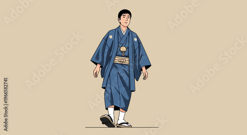 Man in Traditional Blue Kimono Walking