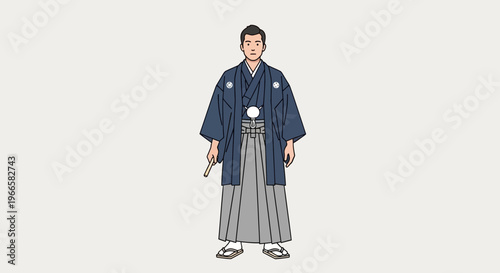 Man in traditional Japanese formal wear, hakama and haori, pointing finger