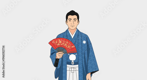 Man in traditional Japanese blue kimono holding a red folding fan