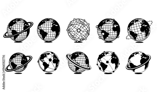 Futuristic world globe vector set with abstract 3D wireframe planet earth and network icons
